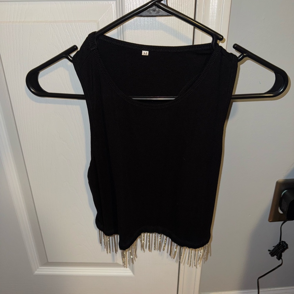 Black Sleeveless Top with Fringe